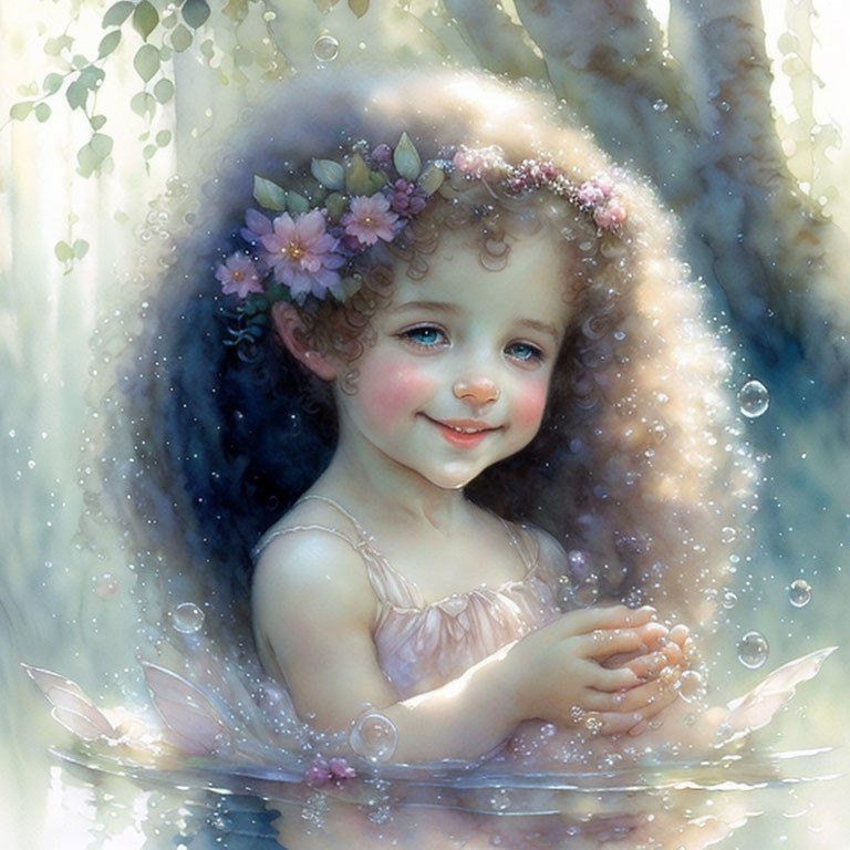 Illustration of smiling child with curly hair and flowers in soft, dappled light