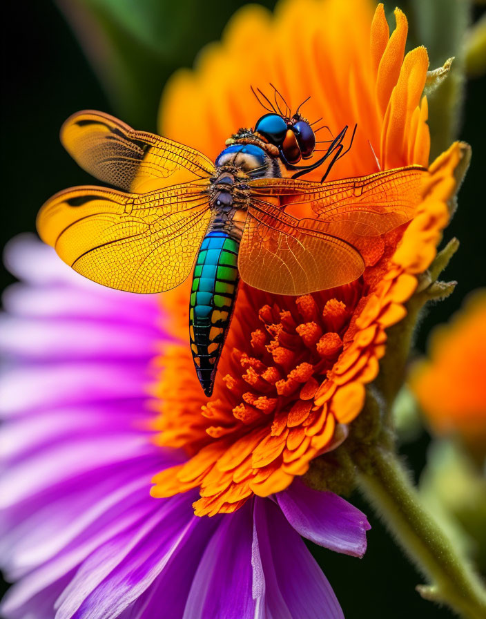 Colorful Dragonfly Resting on Orange Flower with Translucent Wings