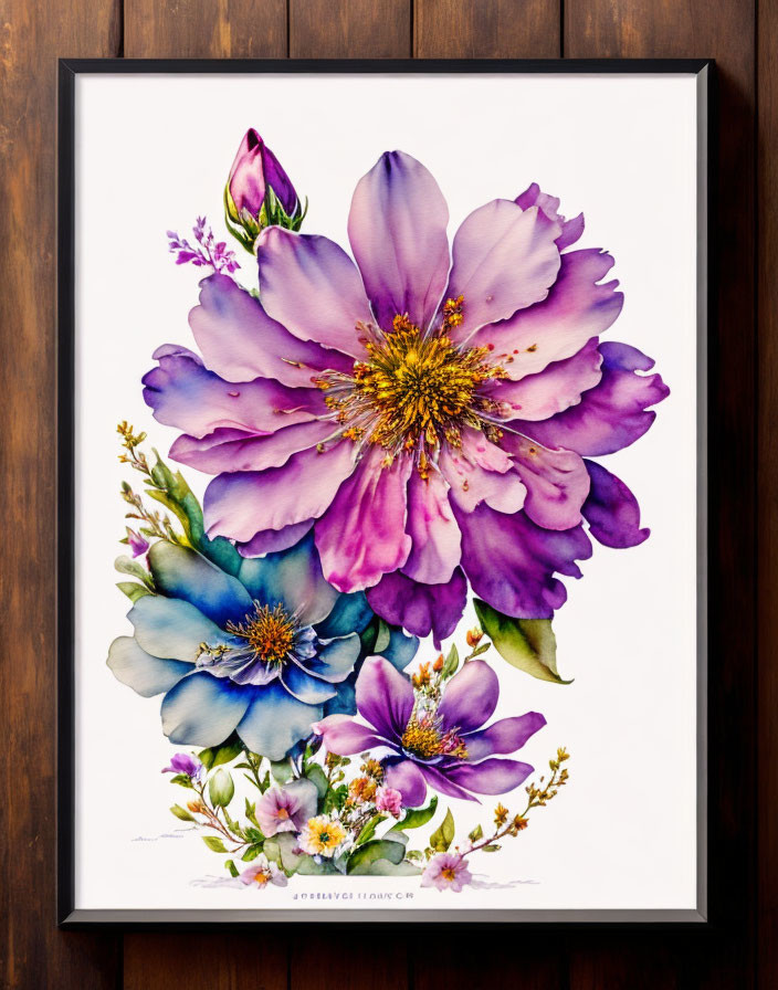 Purple and Blue Flowers Watercolor Painting on Wooden Wall