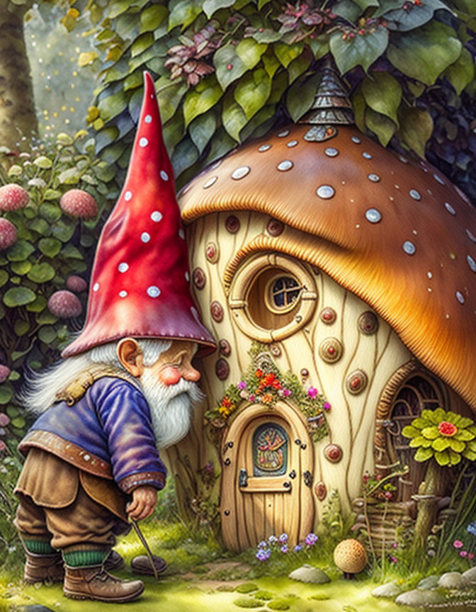 Cheerful Gnome by Mushroom House in Lush Greenery