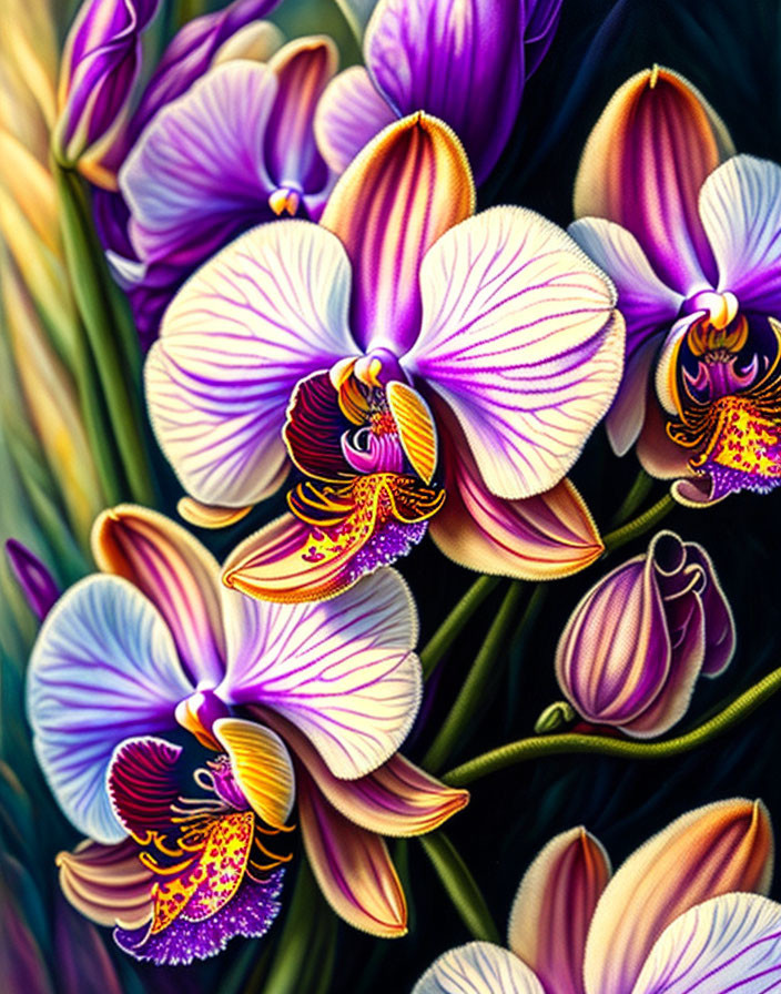 Purple and White Orchid Blooms with Yellow and Maroon Markings on Dark Leafy Background