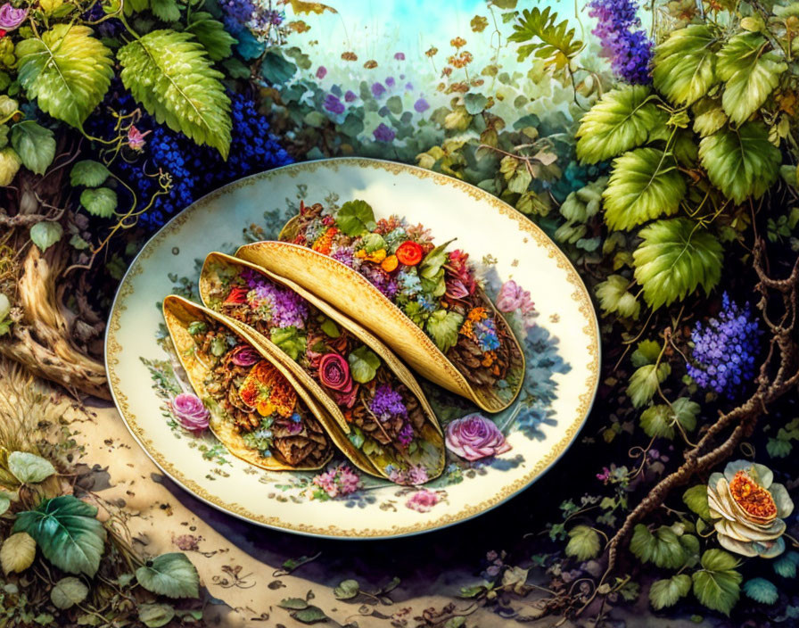 Colorful Tacos with Edible Flowers on Decorative Plate surrounded by Greenery