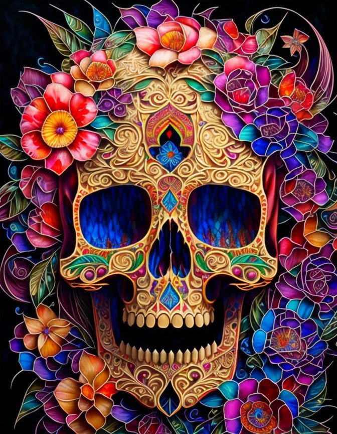 Colorful Skull with Floral Patterns and Blue Eyes in Vibrant Flower Tapestry