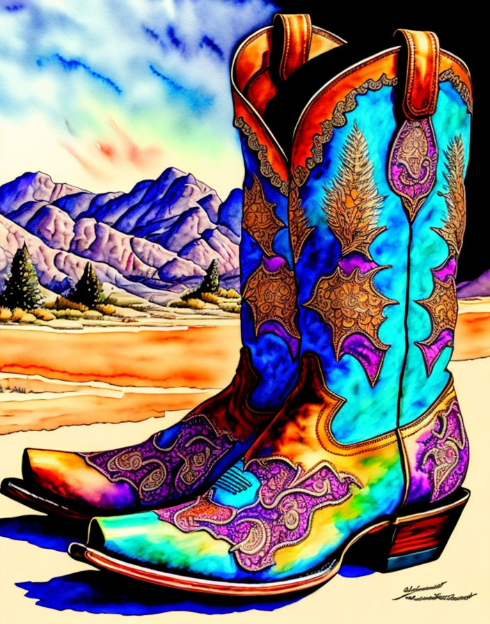 Vibrant Cowboy Boots Against Desert Mountain Background