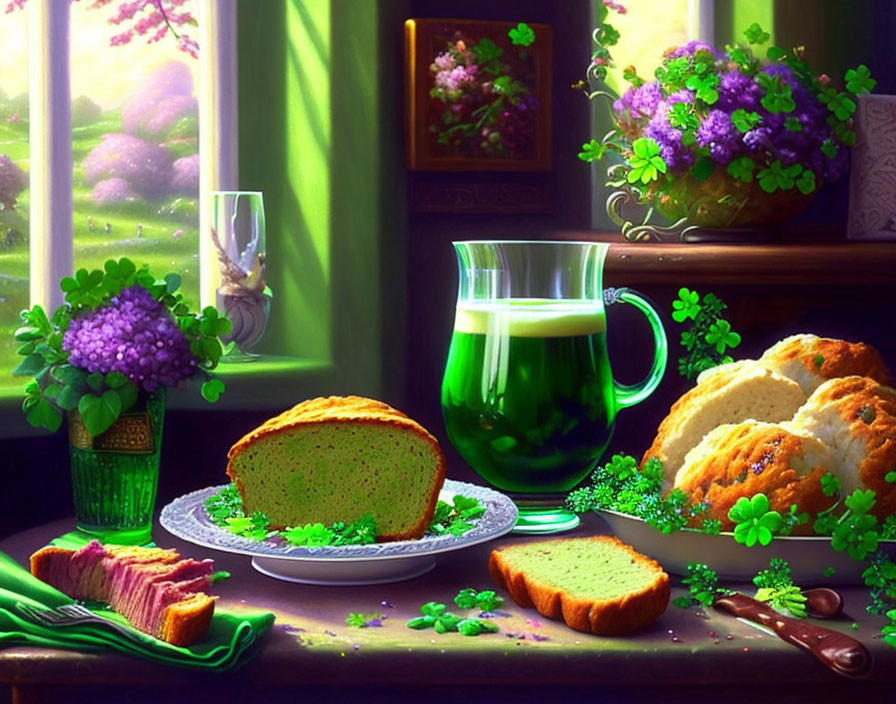 Tranquil still life: bread loaf, sliced plate, green liquid pitcher, blooming flowers,