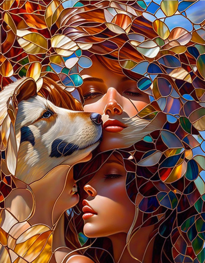 Illustration of two women, dog, autumn leaves mosaic