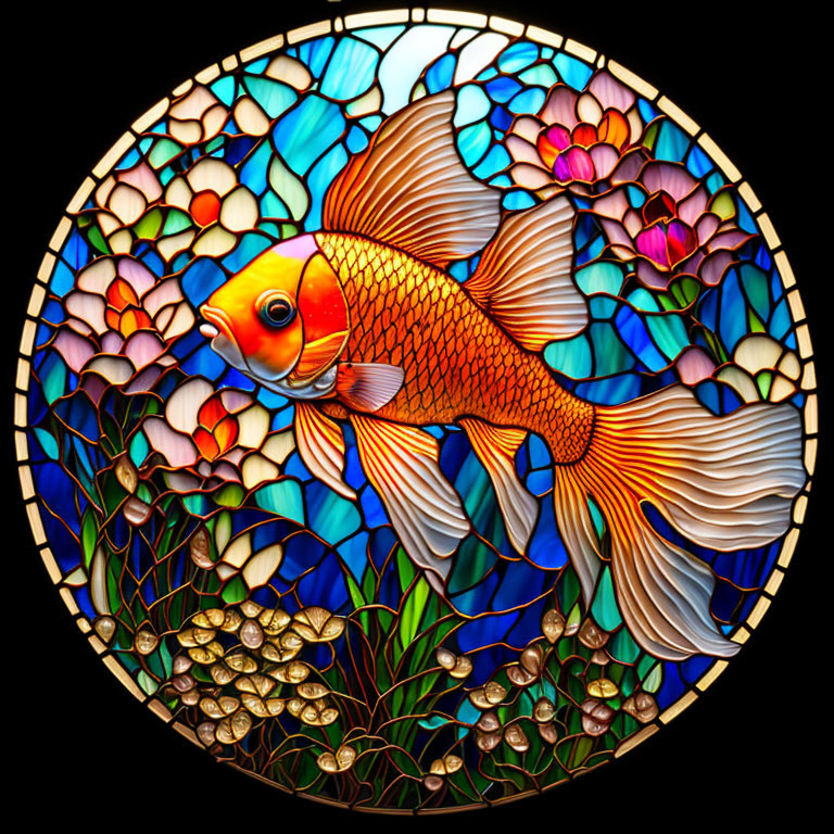 Colorful stained glass window with orange fish and aquatic theme