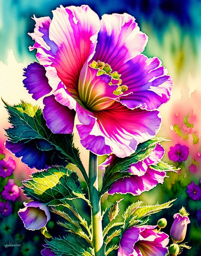 Colorful digital painting of pink and purple hibiscus flower with green leaves.