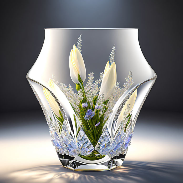 Transparent vase with white tulips and baby's breath in floral pattern - soft backlighting.