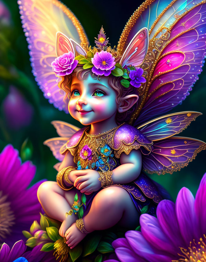 Whimsical fairy child with sparkling wings in vibrant purple flower setting