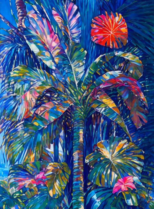 Vibrant Tropical Foliage Painting in Blue and Pink
