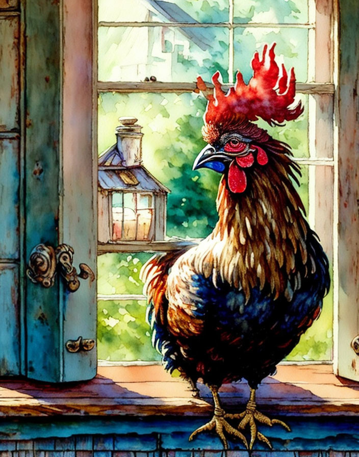 Vibrant rooster in front of rustic window with greenery and house.