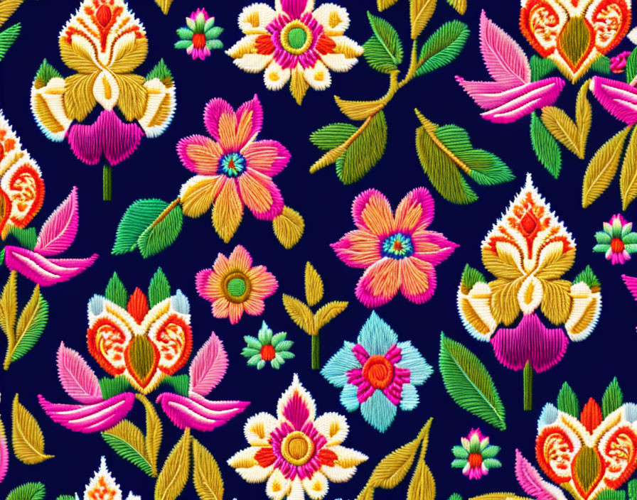 Colorful Flower Embroidery on Dark Blue Background