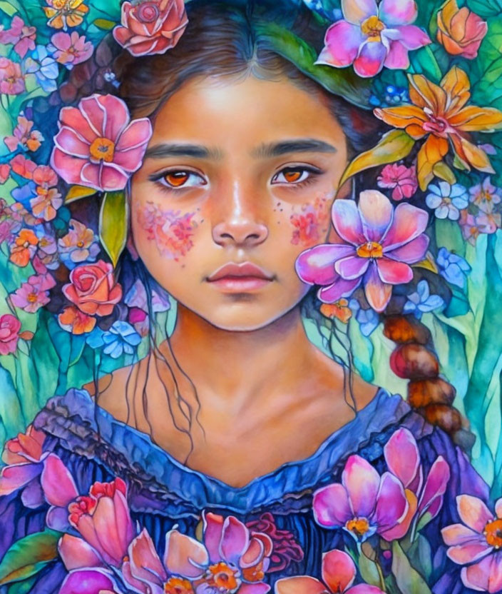 Colorful portrait of young girl with solemn expression amidst vibrant flowers