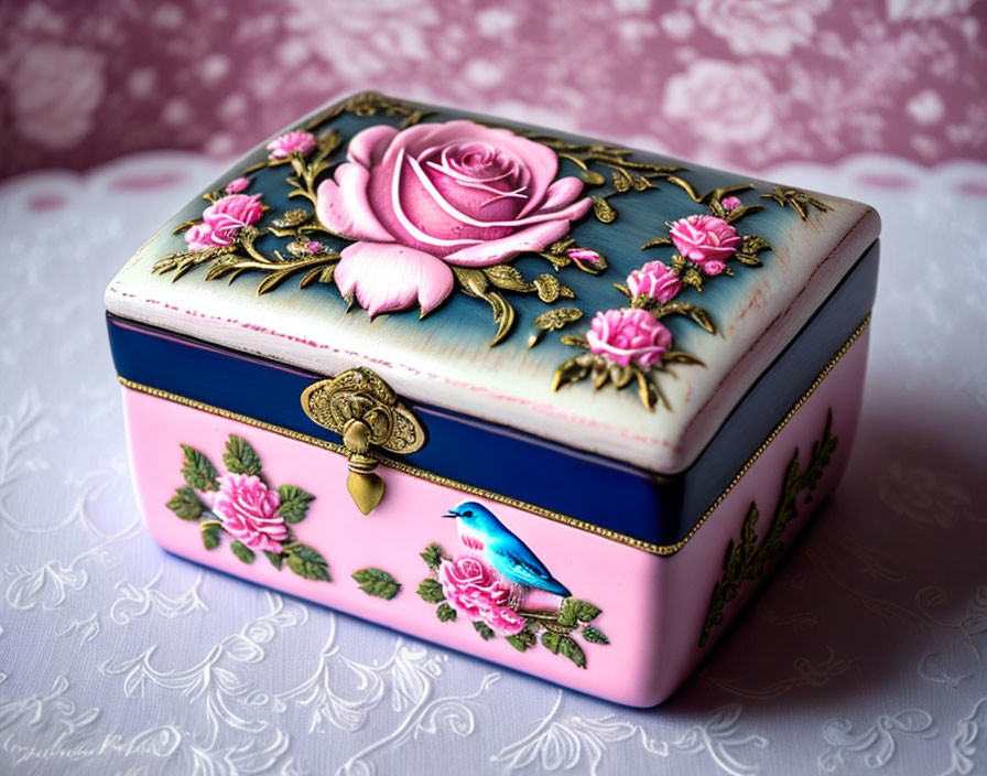 Rose and Bird Design Decorative Box with Golden Clasp on Pink Background