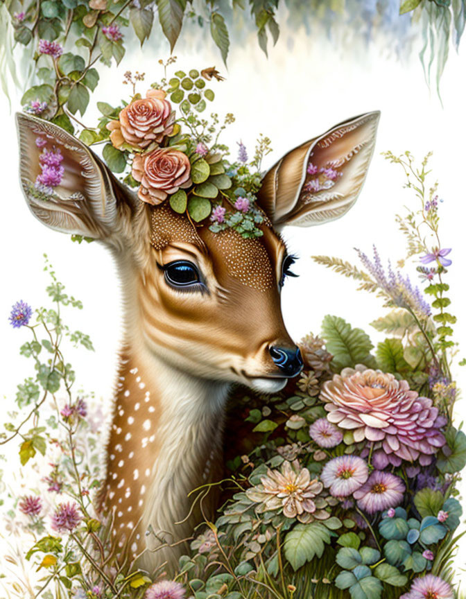 Illustration of a fawn with a floral crown in nature