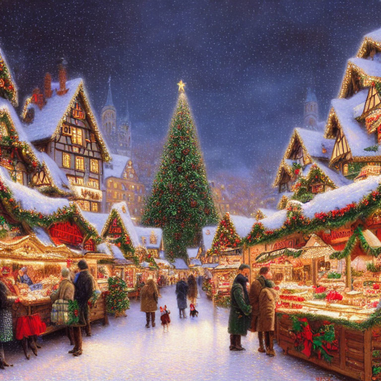 Festive Christmas Market with Twinkling Lights and Snowfall