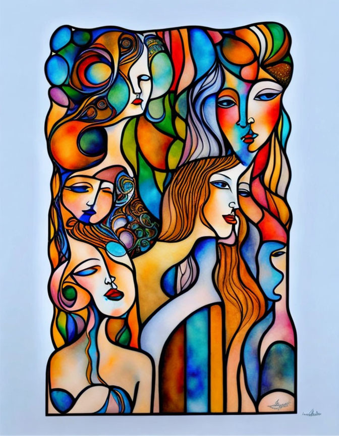 Vibrant abstract painting of interconnected human faces