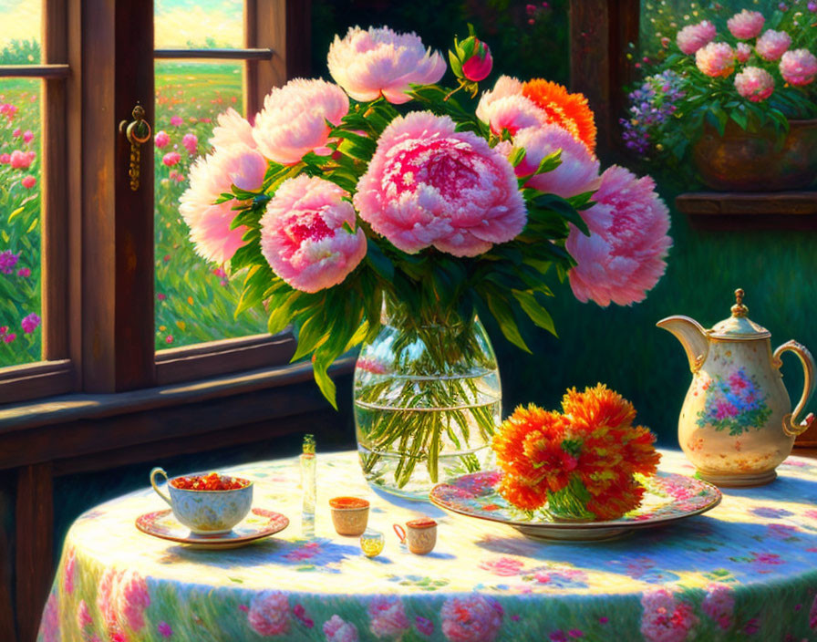 Colorful Still Life Painting of Pink Peonies, Teapot, Cup, and Plate