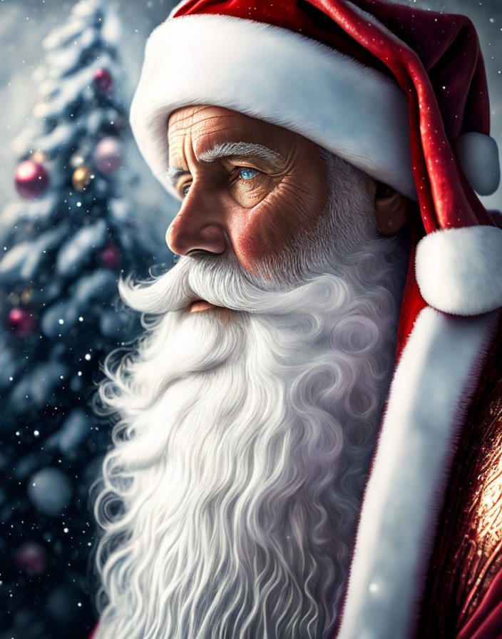 Close-up Santa Claus portrait with white beard and red hat, gazing at Christmas tree.