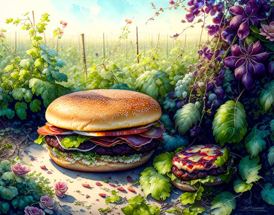 Illustration of giant hamburger in magical garden with flowers and sunny sky