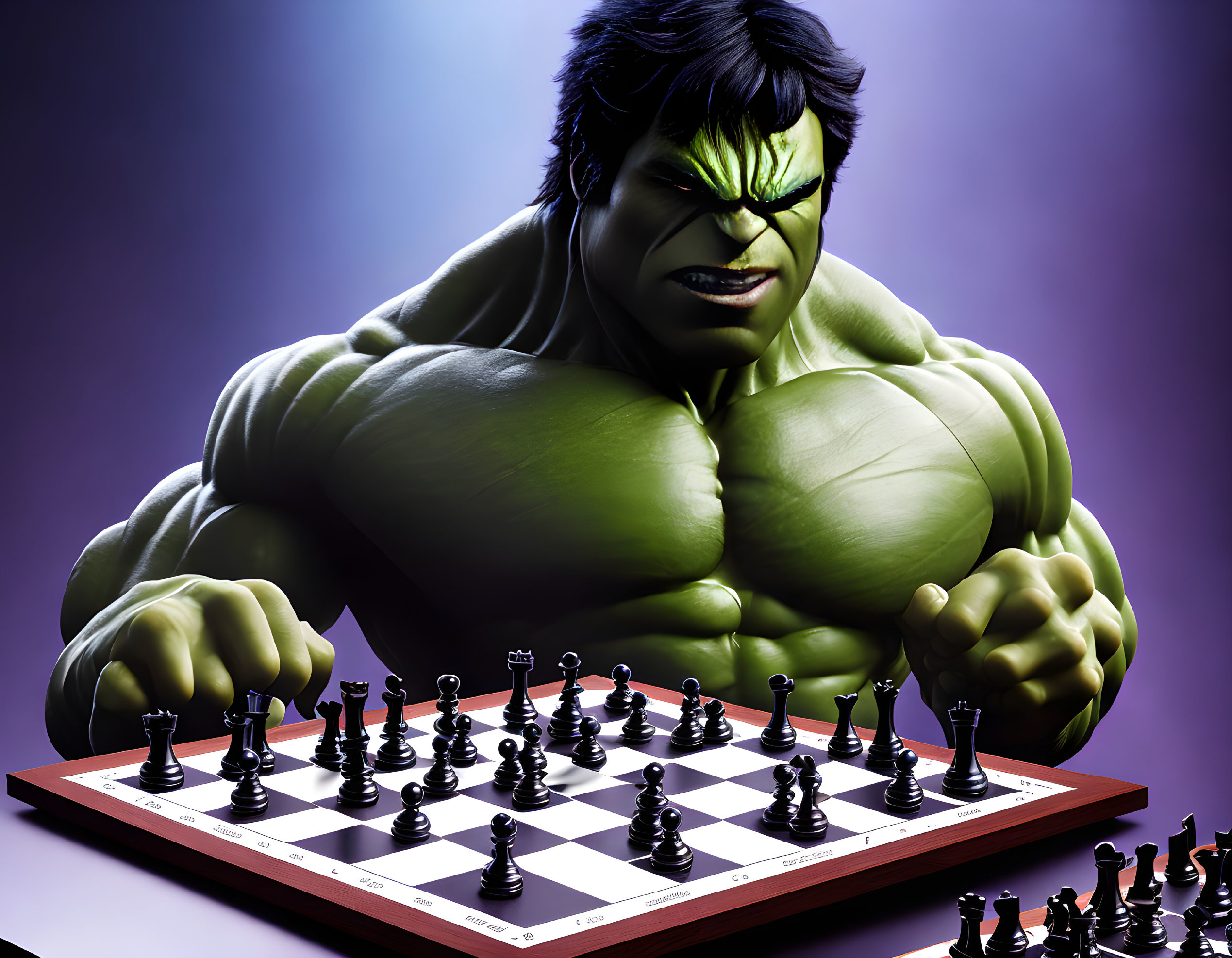 Green-skinned character with dark hair plays chess with focus