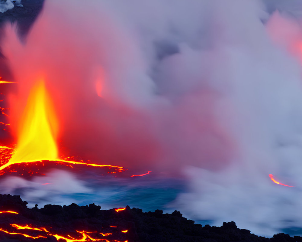 Erupting lava flows with glowing orange and red hues on dark, rocky terrain