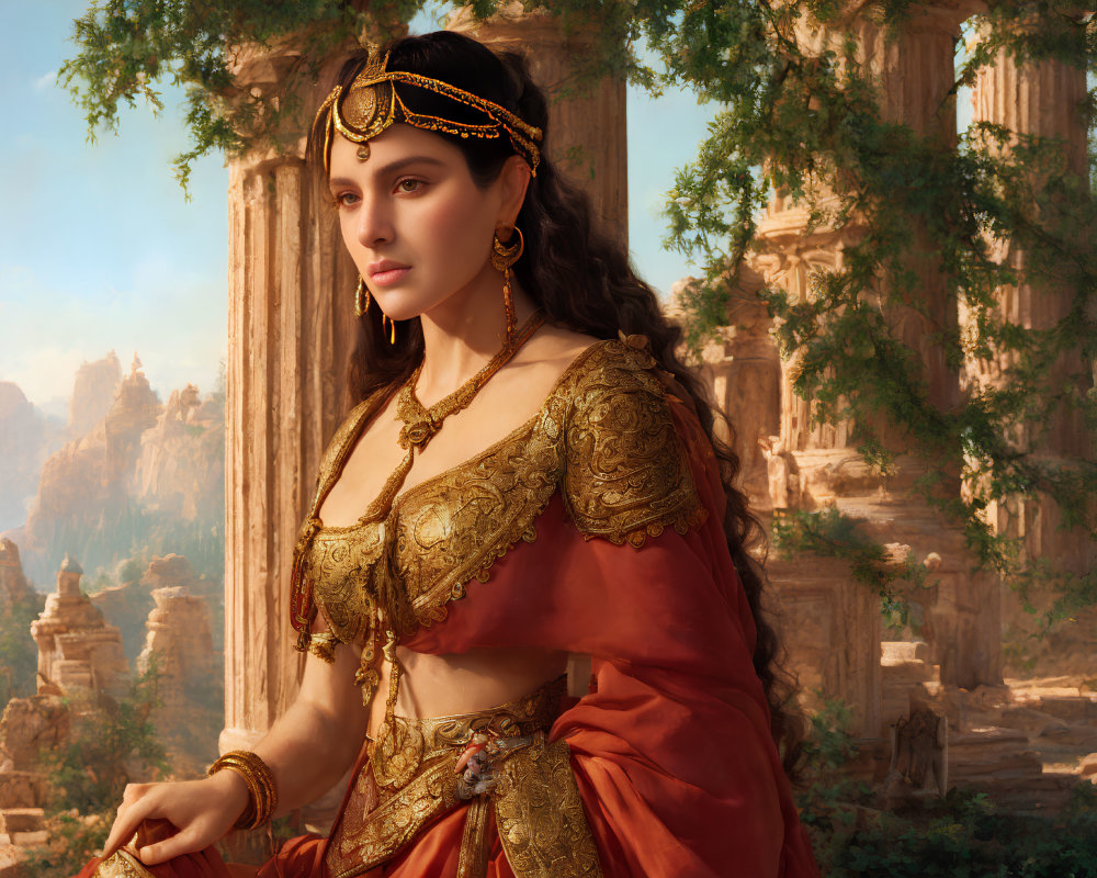 Regal woman in golden attire at ancient ruins in serene landscape