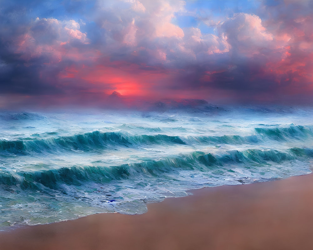 Scenic beach sunset with blue waves and colorful sky