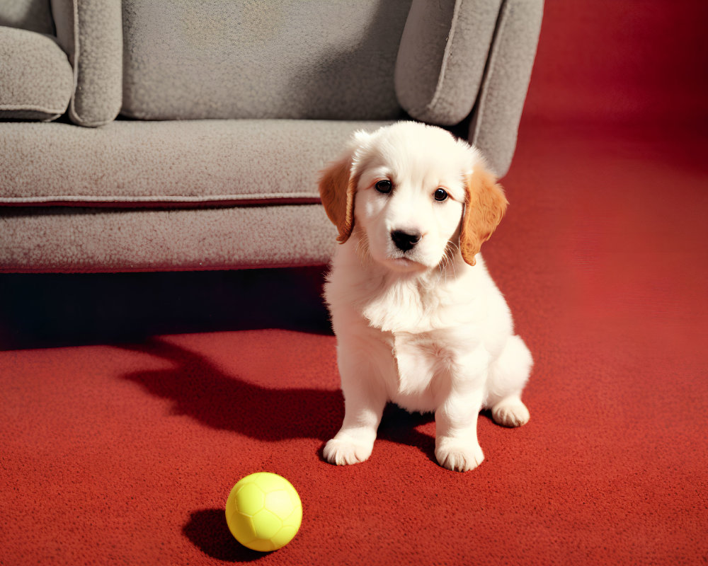 White Puppy with Beige Ears on Red Carpet with Yellow Ball