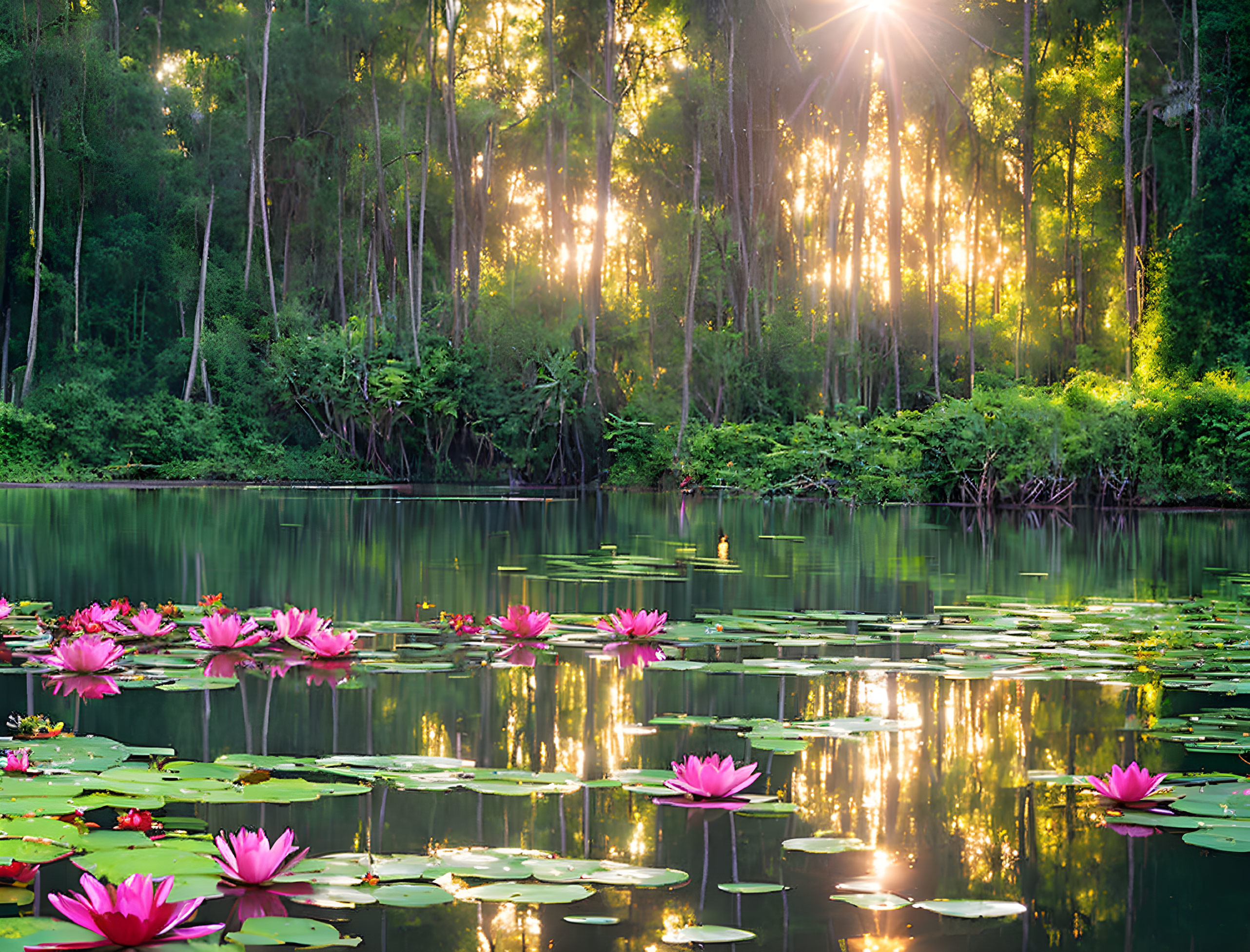 Serene forest pond with pink water lilies and dappled sunlight at dawn