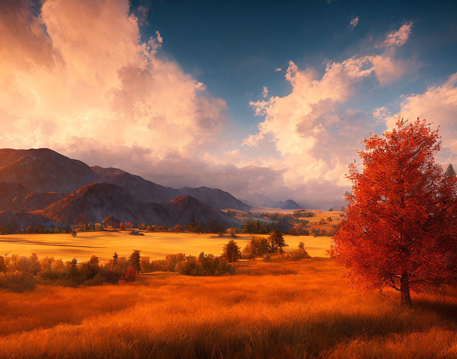 Scenic autumn landscape with red tree, golden fields, and mountains under dramatic sky