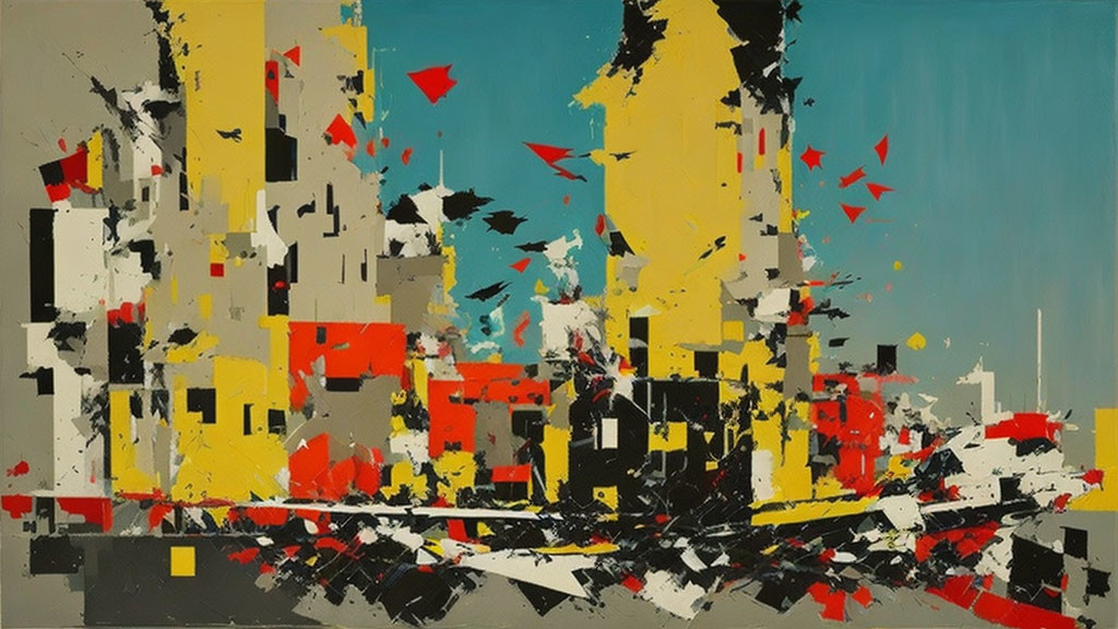 Abstract painting with geometric shapes in yellow, red, black, and white depicting a cityscape.