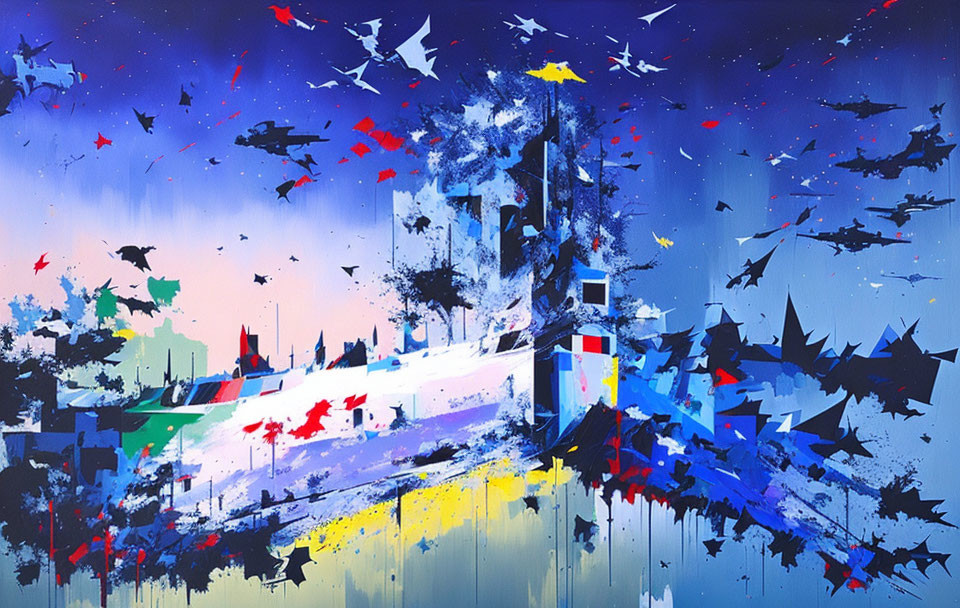 Colorful Abstract Painting: Cityscape and Nature Blend