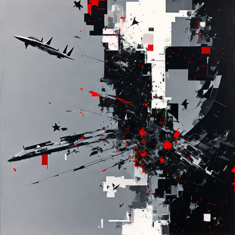 Geometric Abstract Art in Black, White, Gray, and Red with Dynamic Composition