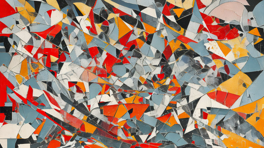 Colorful Abstract Painting with Sharp Shapes in Red, Yellow, Blue, and Grey