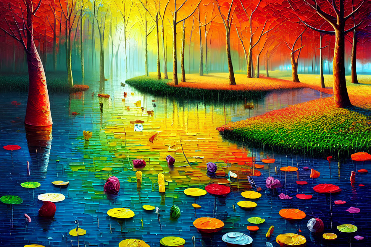 Colorful Autumn Forest with Reflecting Water and Lily Pads