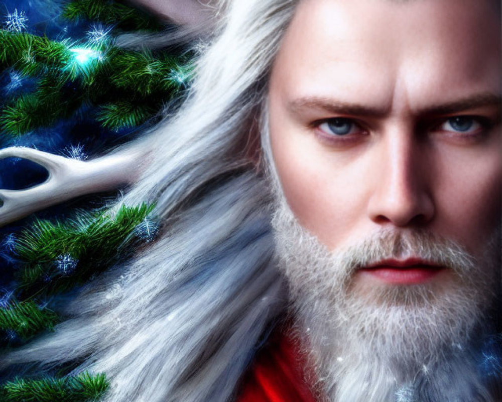 Fantasy portrait of man with white hair, beard, and antlers in snowy forest