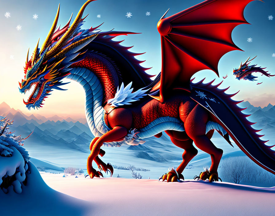 Red Dragon with Blue Horns in Snowy Landscape with Mountains at Twilight