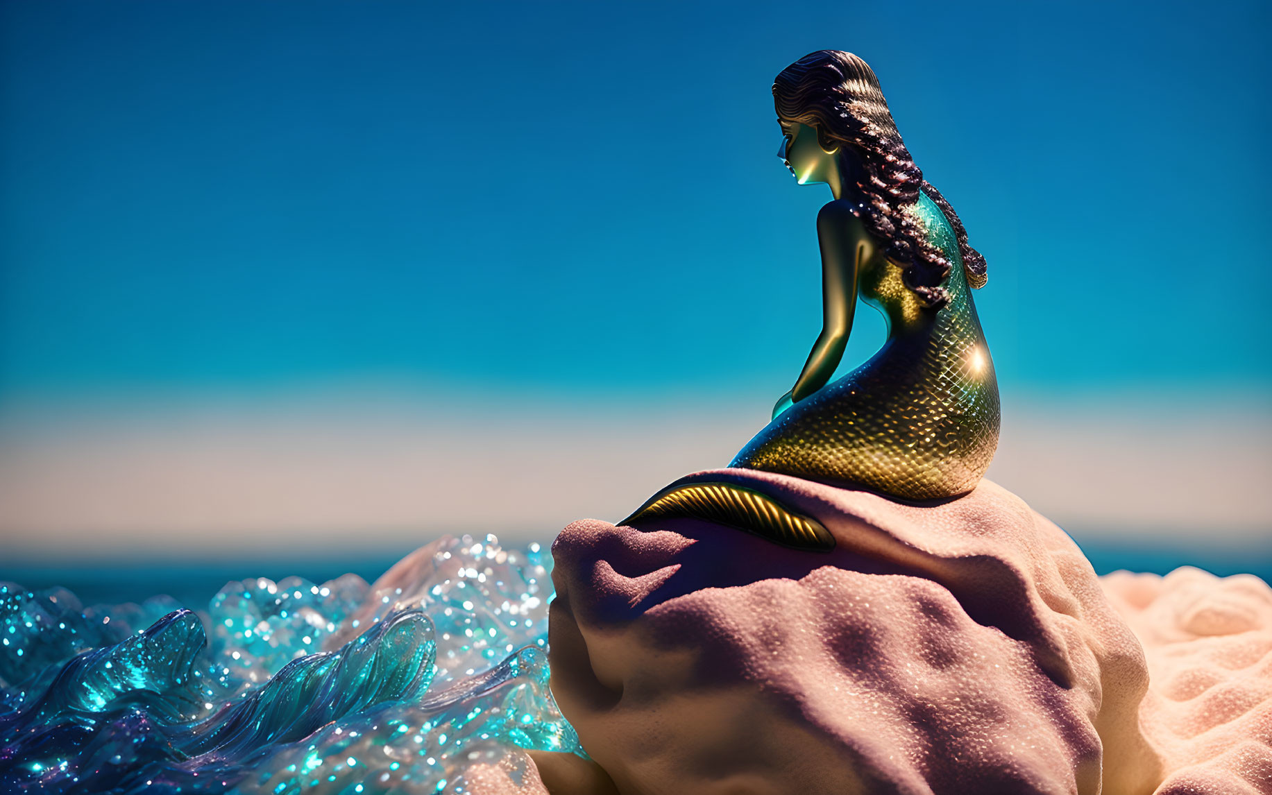 Mermaid Figurine with Golden Tail on Rock in Blue Wave Setting