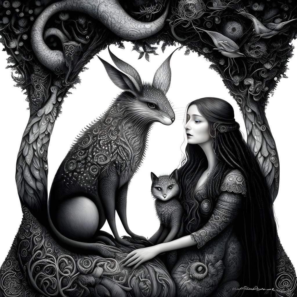 Monochromatic illustration of woman with mythical rabbit-like creature and fox in intricate foliage.