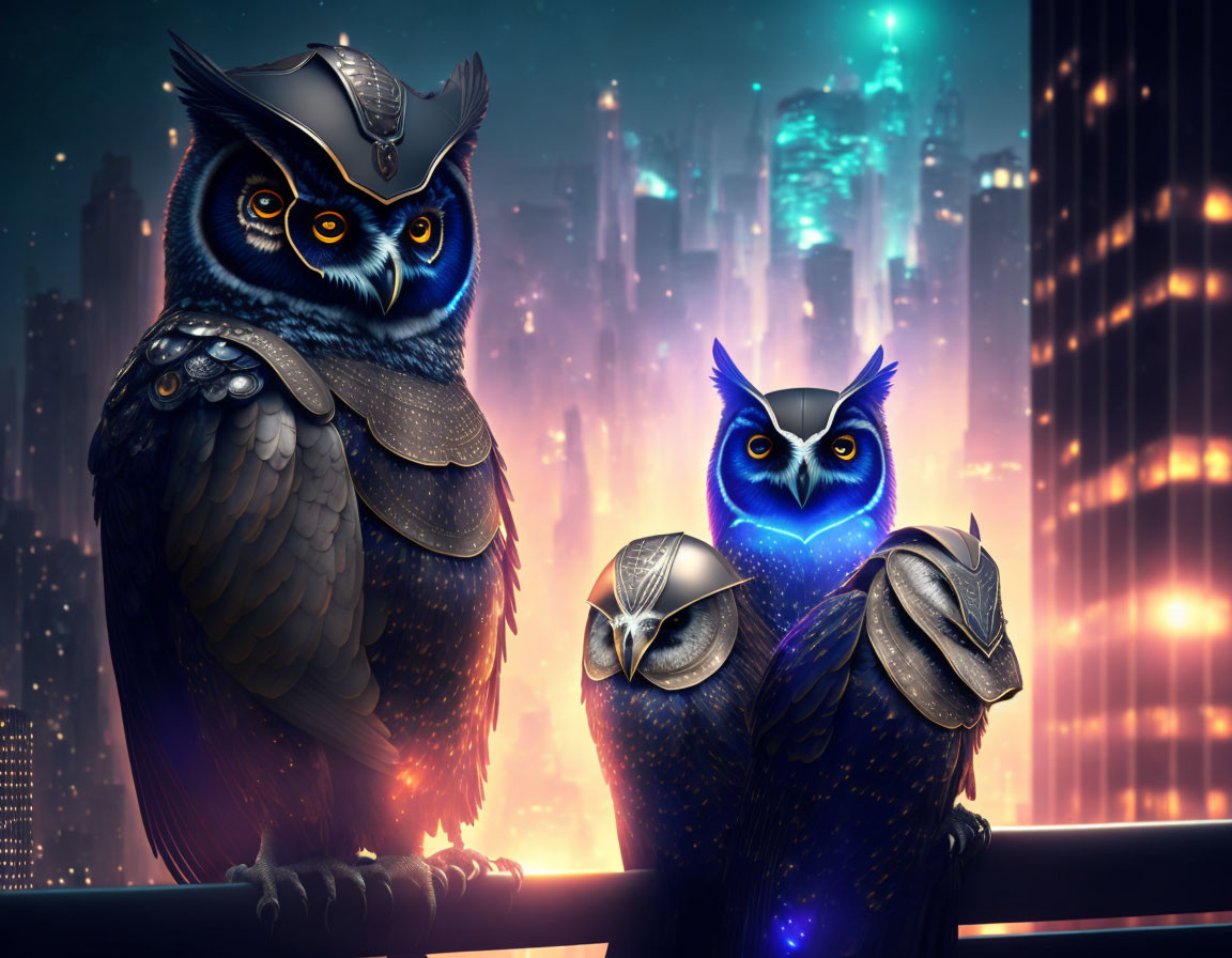 Stylized armored owls on railing against futuristic night cityscape