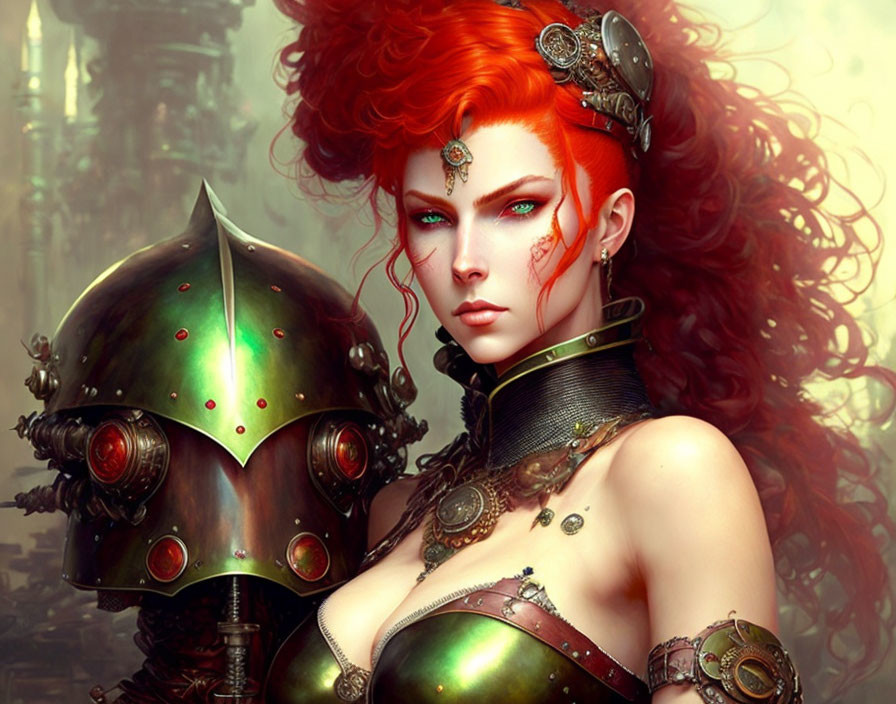 Red-haired woman in green metallic armor with glowing eyes helmet