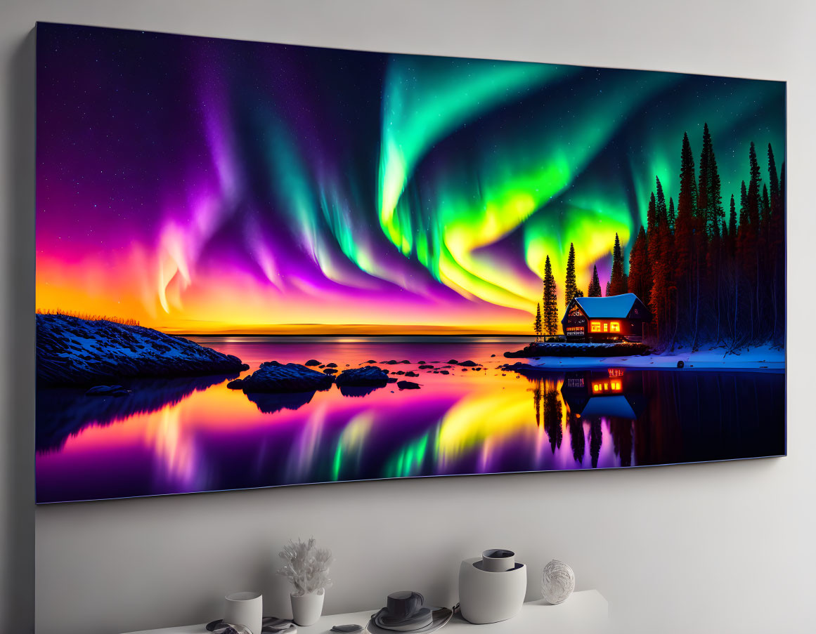 Northern Lights reflection over lakeside cabin on canvas display