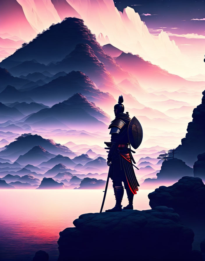 Silhouetted warrior in traditional armor on rocky outcrop overlooking mystical landscape