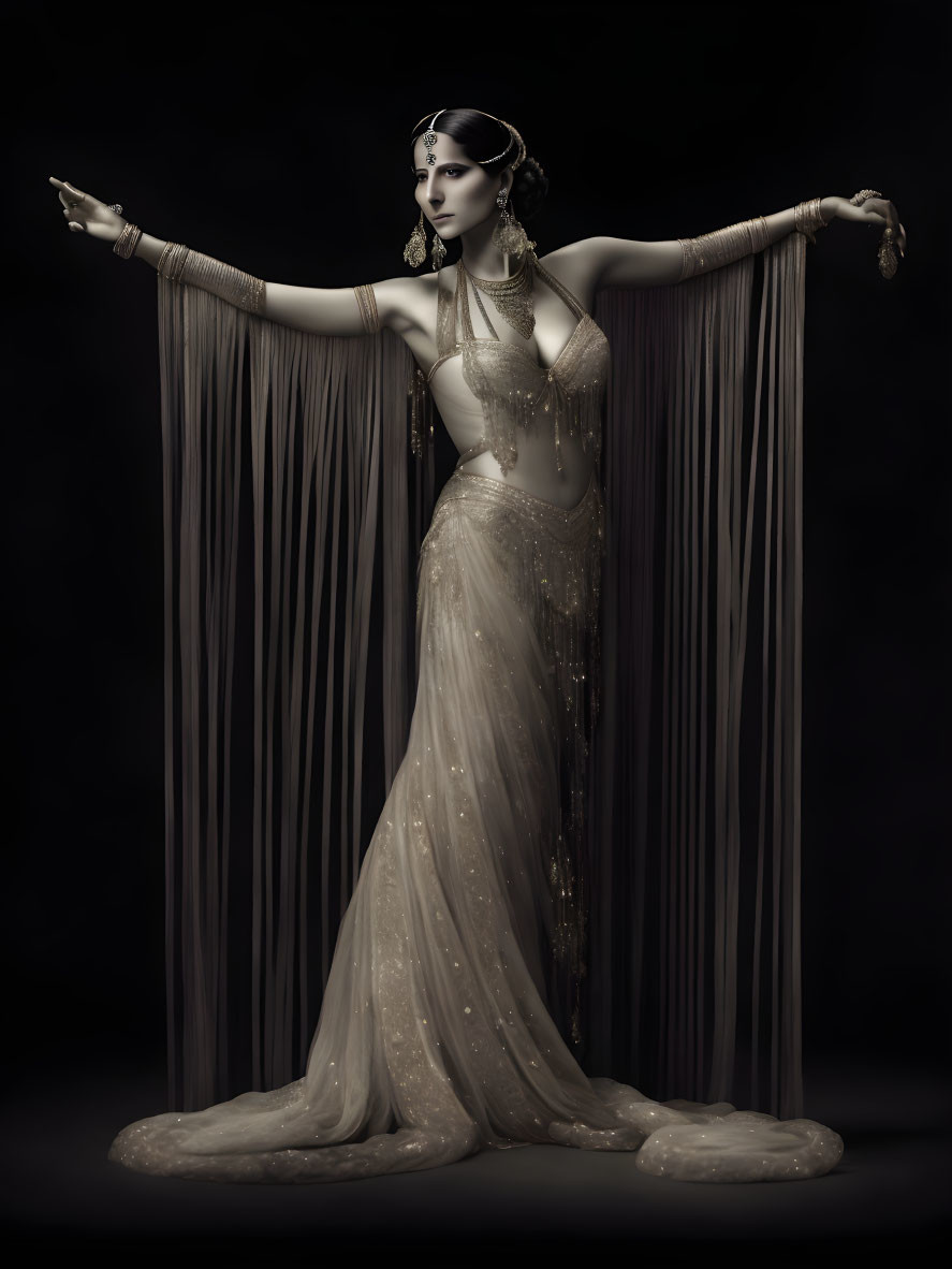 Elegant woman in vintage-style dress with intricate jewelry poses against dark backdrop