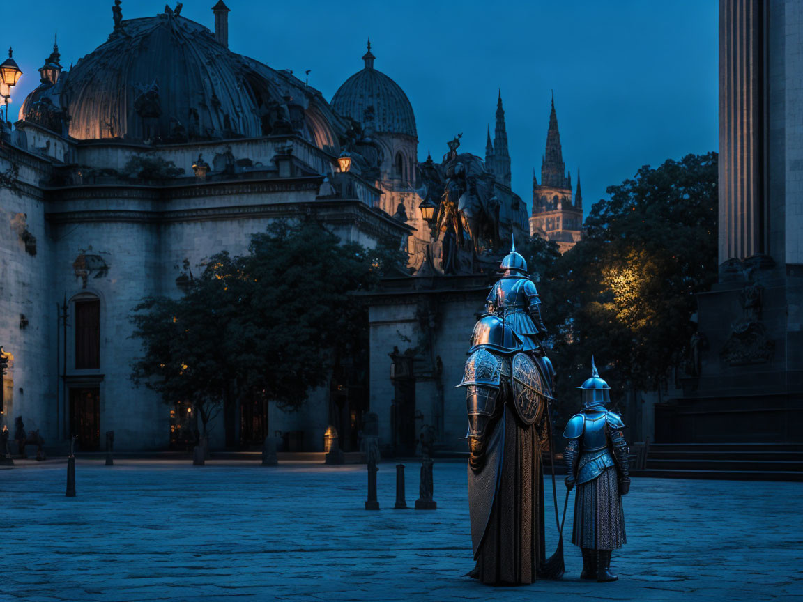 Medieval armor-clad figures in dimly lit Gothic square at dusk