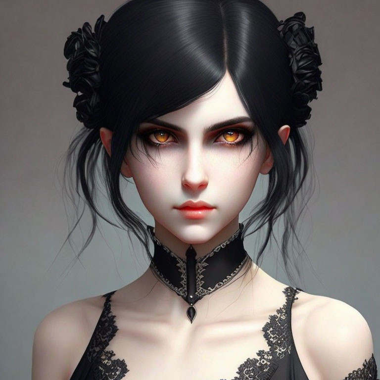 Digital artwork: Female with amber eyes, pale skin, black hair in twin buns, lace,