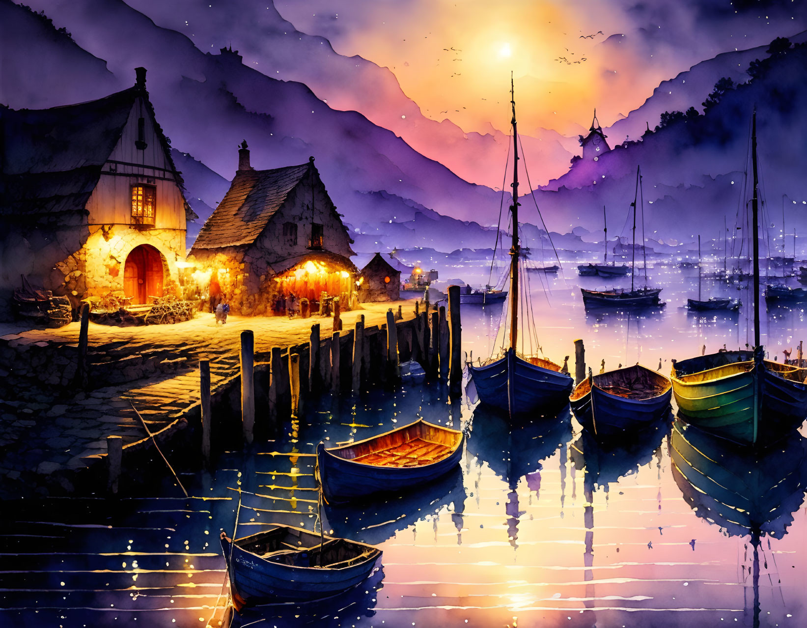 Harbor scene at dusk: boats, glowing cottage, reflections, mountains in watercolor.