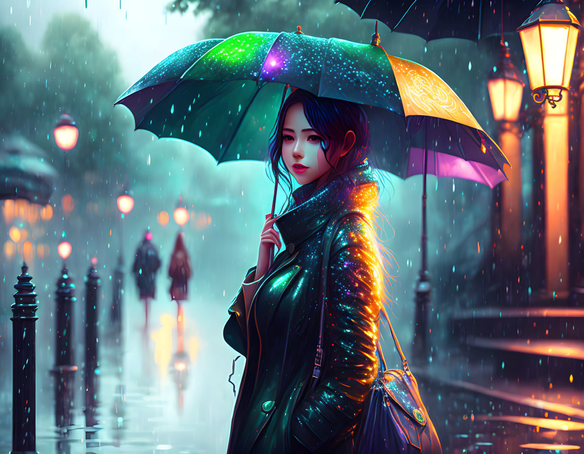 Colorful Umbrella Woman Standing on Rain-Soaked Street at Twilight